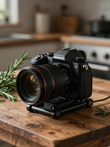 A close-up, high-contrast shot of a camera rig set up on a rustic wooden table in a dimly lit kitchen, side-lit by moody natural light, with fresh rosemary sprigs in the soft-focus background.