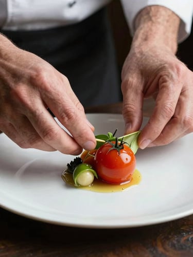 Close-up of a chef's hands plating a delicate heirloom tomato dish, natural side-lighting, dark rustic background