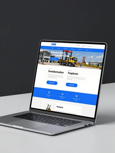 Front-facing isometric laptop mockup showing a modern construction contractor website, sharp electric blue accents, clean dark background, studio lighting