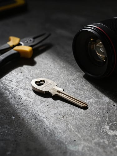 Dramatic close-up of physical design tools on a dark concrete desk, sharp key light, deep shadows