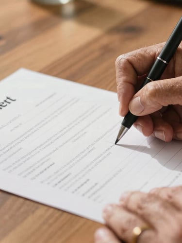 Close-up of mature Mexican hands signing physical retirement documents on a wooden desk, warm natural morning light, highly detailed.
