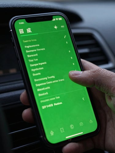 Macro close-up of a mobile device screen mounted on a dark vehicle dashboard, displaying clean green diagnostic telemetry lines, low-key moody lighting with the green screen glow reflecting on a hand