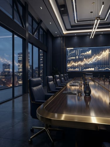 Amplia toma panorámica de una moderna sala de juntas corporativa con una pantalla grande mostrando gráficos de crecimiento, iluminación tenue y reflejos dorados en la mesa pulida, con un enfoque en el centro de la mesa y espacio negativo a la izquierda.