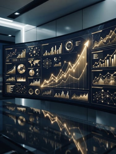 Sleek corporate photography, deep navy and metallic gold tones, sharp architectural lighting, wide-angle, cinematic 35mm. A sophisticated digital dashboard displaying growth curves and data visualizations in gold and white on a dark navy background, with subtle geometric patterns.