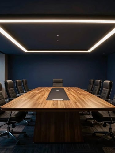High-end corporate boardroom, low-key corporate lighting, sharp high-contrast shadows, wide-angle architectural shot, cinematic 35mm