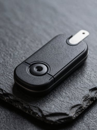 Extreme macro close-up of a sleek, black continuous glucose monitoring sensor resting on a dark, textured slate surface, sharp laboratory lighting, deep shadows.