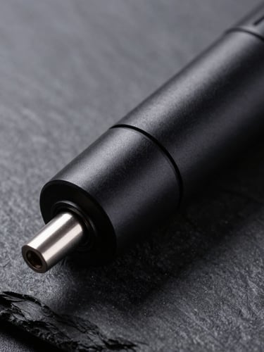 Extreme macro close-up of a sleek, matte-black biomarker collection device resting on a dark slate surface, high-contrast laboratory lighting with sharp shadows