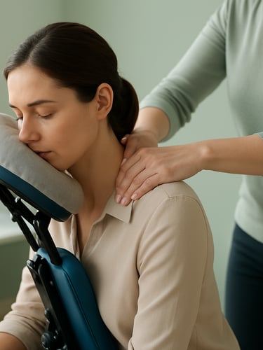 Bright corporate office daylight, a professional employee in business casual receiving a seated Amma massage on an ergonomic chair, close-up on hands applying precise pressure to the shoulders and neck, soft sage green background, shallow depth of field.
