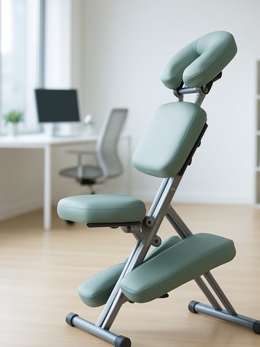 Bright modern office workspace with natural daylight streaming through large windows. A professional ergonomic massage chair is positioned in the foreground, with soft sage green accents. In the background, a clean minimalist office environment with a shallow depth of field.