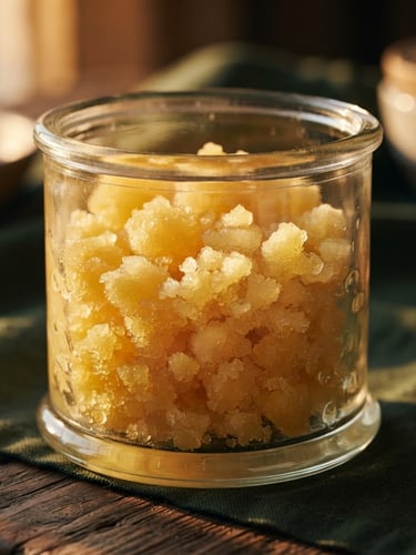 Macro shot of golden granular ghee texture in an elegant glass jar, warm side-lit golden hour sunlight, shallow depth of field, 35mm