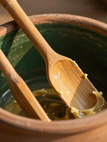 Close-up of traditional wooden Bilona churn paddles in a rustic clay pot, warm side-lit golden hour sunlight, highlighting wood grain and butter texture, shallow depth of field