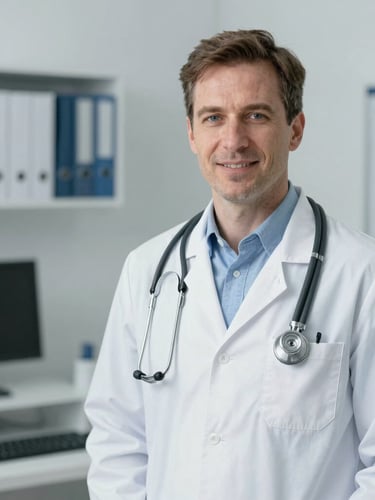 Professional portrait of a clinical doctor in a modern bright medical office, soft daylight, shallow depth of field