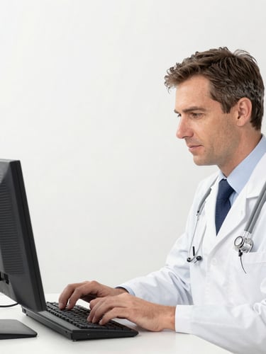 Clean medical editorial photography, soft natural daylight, clinical blue and white tones, shallow depth of field, professional, an organized doctor office with a desk and medical certificates on the wall