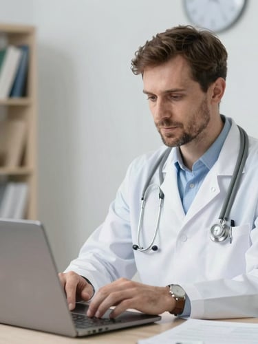 Symmetrical medium shot of a modern, bright medical office, soft natural daylight filtering through large windows, clean clinical blue and ivory tones, shallow depth of field, professional.