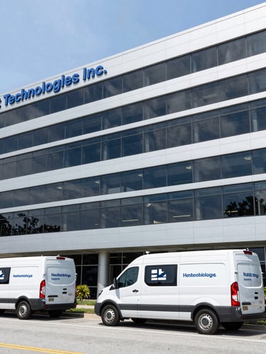 Wide shot of Host Technologies Inc. headquarters building in Falls Church, VA, clean cool-toned daylight, sharp technical details, deep slate and silver tones, 50mm lens. Branded service vehicles parked outside.