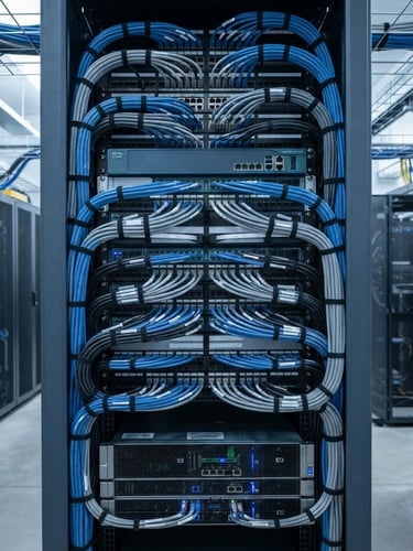 Crisp, cool-toned daylight, sharp medium-to-close-up shot of immaculately organized structured cabling in a server rack, deep slate and silver tones, 50mm lens, no text.