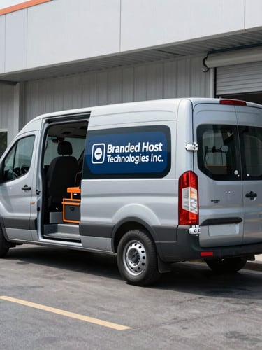 Branded Host Technologies Inc. service van with safety-orange accents, parked at a commercial building entrance, tools visible in the open back, crisp cool daylight, 50mm lens.
