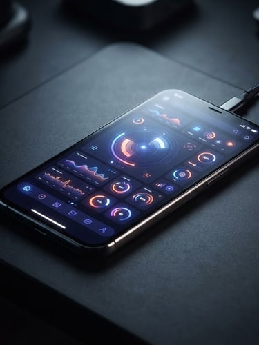 sleek digital product photography, moody low-key studio lighting, vibrant screen-glow highlights, crisp isometric angle showing a high-fidelity dark-mode Android utility app mockup on a modern smartphone screen, 50mm