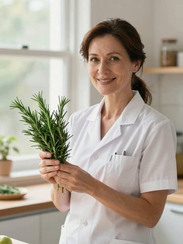 A warm kitchen portrait of a female dietitian in her 40s smiling, holding a fresh bunch of rosemary, soft window daylight, vibrant organic colors, shallow depth of field, 35mm