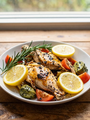 Overhead flat-lay of a vibrant, freshly prepared low-sodium mediterranean chicken dish with rosemary and lemon slices, warm natural window light, rustic wooden table background