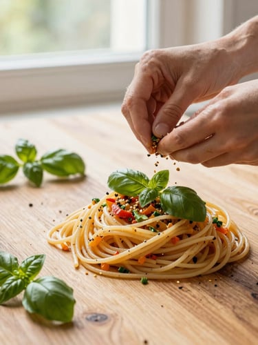 Overhead flat-lay of a rustic wooden table with vibrant, freshly prepared low-sodium pasta, hands seasoning with fresh basil, warm natural window daylight, vibrant organic colors, shallow depth of field, 35mm