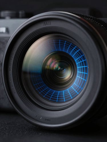 Extreme macro close-up of a high-end camera lens reflecting a glowing blue 3D wireframe grid, dramatic studio lighting, deep shadows, ultra-sharp focus, 35mm.