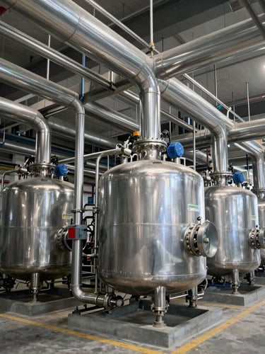 Wide environmental shot of a massive industrial refrigeration plant room with stainless steel pipes and pressure vessels, realistic ambient lighting, 35mm