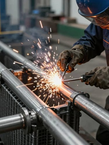 Close-up of a certified welder joining stainless steel tubes of a refrigeration coil, bright orange sparks flying against dark steel, high-contrast industrial factory setting.