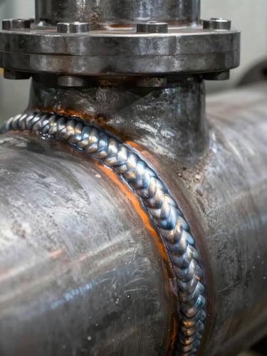 Macro close-up of a perfect, clean industrial weld seam on a steel pressure vessel, safety orange metallic highlights, natural factory ambient light, sharp metallic details, 35mm