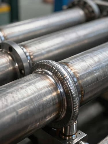 Macro close-up of industrial stainless steel tube bundles inside a condenser, flawless precision welds, high-contrast metallic details, 35mm