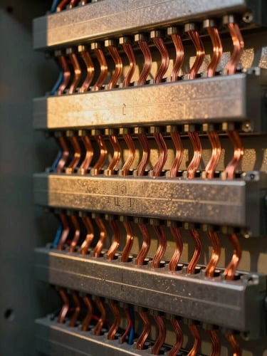 High-contrast interior shot of a perfectly organized electrical panel, clean parallel copper wiring combed with mathematical precision, warm golden light casting long shadows on dark metallic surfaces, architectural macro framing.