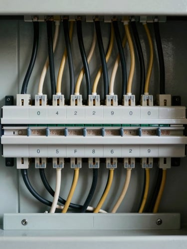 Close-up of a perfectly organized residential electrical panel, neat parallel black and gold labeled wires combed with mathematical precision, clean matte background.
