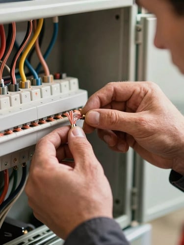 Macro close-up portrait of a professional electrician's hands in dark workwear, meticulously organizing copper wires inside a modern electrical panel, sharp focus, warm golden side lighting
