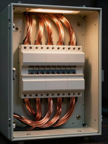 Perfect parallel copper wiring inside a modern electrical panel, perfectly combed cables, clean technical layout, high-contrast warm golden lighting on dark background