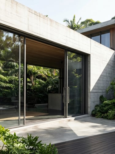 Wide panoramic architectural photograph of a modern concrete home with a large-span minimalist sliding glass door, sharp natural light casting architectural shadows, deep charcoal and metallic silver tones, high-contrast, minimalist composition, 35mm lens, raw aluminum profile close-up, installed in a tropical climate setting