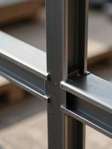 Close-up macro shot of a clean, sharp miter joint of a dark aluminum frame, wet from rain, casting architectural shadows under high-contrast natural light, workshop background blurred, 35mm lens.
