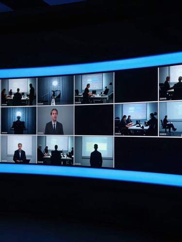Cinematic wide shot of a professional broadcast studio monitor displaying a high-definition video stream, low-key lighting with cool blue backlights, 35mm film style