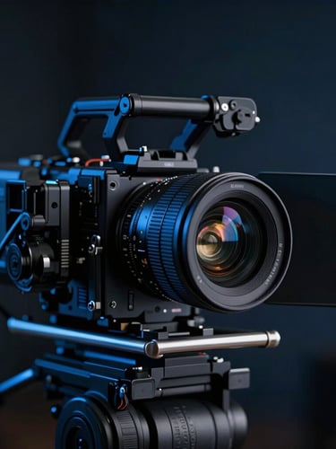 Close-up of a professional camera rig in a dimly lit studio, cool blue backlighting reflecting on the lens, cinematic depth of field, 35mm film