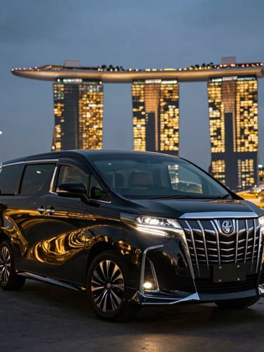 Low-angle heroic shot of a gleaming black Toyota Alphard Modelista parked against the Singapore skyline and Marina Bay Sands at dramatic twilight, golden reflections on polished body, 35mm lens