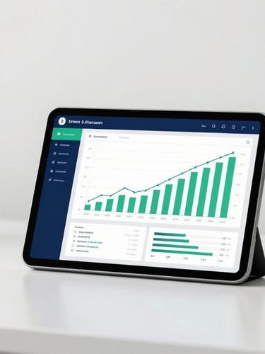 A minimalist professional workspace with a tablet showing financial growth graphs, crisp daylight, clean white desk, subtle green plant.