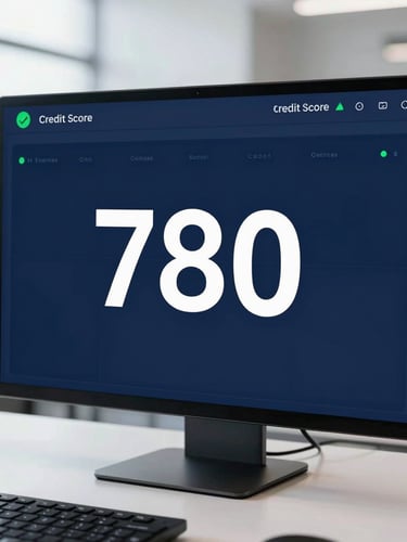Sharp straight-on close-up of a high-fidelity digital credit score dashboard showing a 780 score, clean corporate desk setup, deep blue and emerald accents, bright office daylight, 35mm
