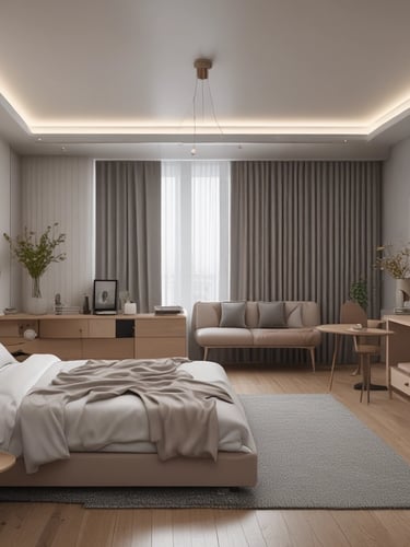 A modern interior with minimalist design featuring a sleek black couch next to a large window. A glass coffee table with a small plant sits on a light-colored rug over a tiled floor. The space is illuminated by ceiling lights and is partially enclosed by a wall with a reddish-brown panel design.