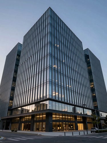 Wide-angle architectural shot of a secure modern corporate headquarters at dusk, crisp dramatic lighting, reflecting high-end security design.