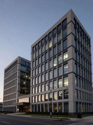 Wide-angle architectural shot of a secure corporate headquarters at dusk, dramatic lighting, clean lines, negative space on the left.