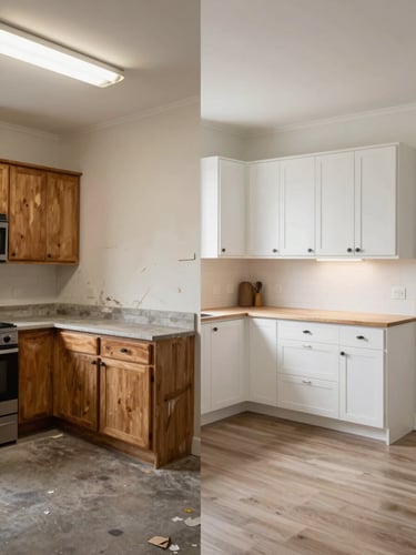 Before-and-after split of a rental kitchen: left half shows dated cabinetry and scuffed walls under flat fluorescent light, right half shows the same room with fresh white paint, new cabinet hardware, and under-cabinet lighting, full-room wide shot, documentary neutral grading, even natural daylight exposure