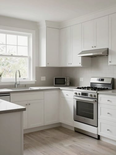 Wide interior shot of a kitchen after refresh — clean white cabinets, new hardware, fresh neutral paint, even daylight from a window left of frame, full-room perspective showing the completed condition