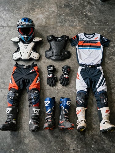 Overhead flat-lay of dirt bike riding gear organized by size on a dark concrete floor — helmet, chest protector, gloves, boots, and jersey laid out in a neat row, overcast studio-natural light, documentary style, no people