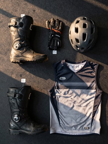 Overhead flat-lay on dark ground: riding boots, gloves, helmet, and jersey laid out in order by size, each item tagged with a handwritten measurement label, golden-hour light raking across the gear surface revealing texture