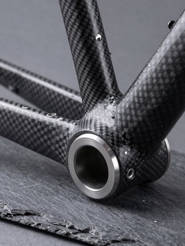 Macro detail shot of a carbon fiber bicycle frame joint, cool studio lighting, high contrast slate tones, razor sharp focus