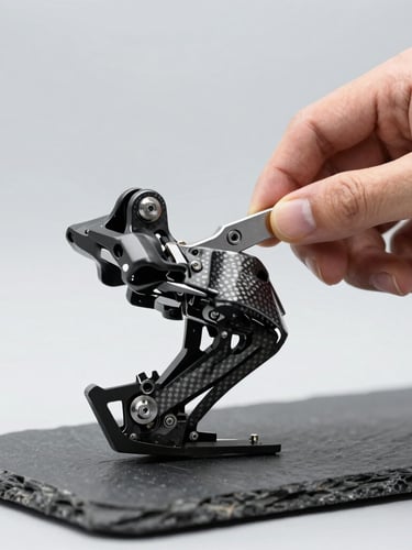Macro shot of a mechanic's hands adjusting a high-end carbon derailleur, clean minimalist workshop, cool studio lighting